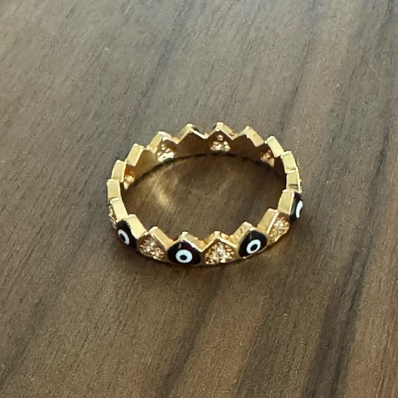 PRETTY BIRD JEWELRY 18K ROSE GOLD PLATED RING WITH BLACK ENAMEL EVIL EYE HEARTS - Picture 5 of 6